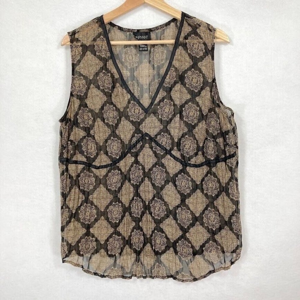 Sheer Sleeveless V Neck Tank Top Mandala Diamond Print Summer Babydoll Y2K 14/16